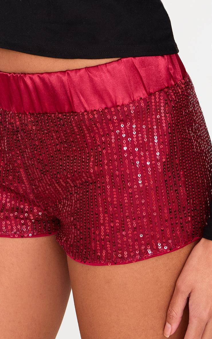 Burgundy Waistband Detail Sequin Mini Shorts Product Image