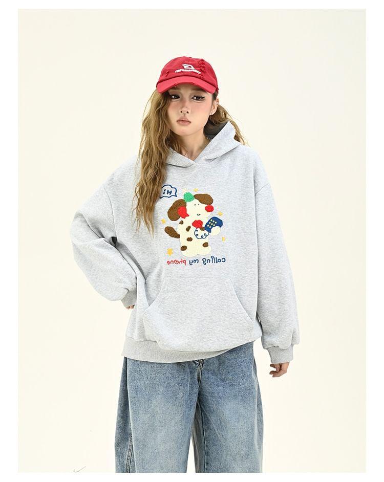 Drop Shoulder Dog Embroidered Oversized Hoodie Product Image