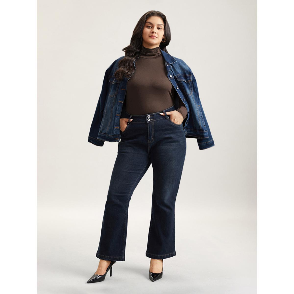 Plus Size Supersoft Essentials Solid Funnel Neck Knit T-shirt DarkGreen Women Leisure Plain Plain Ruffled collar Bodycon Casual T-shirts BloomChic 18-20/2X Product Image