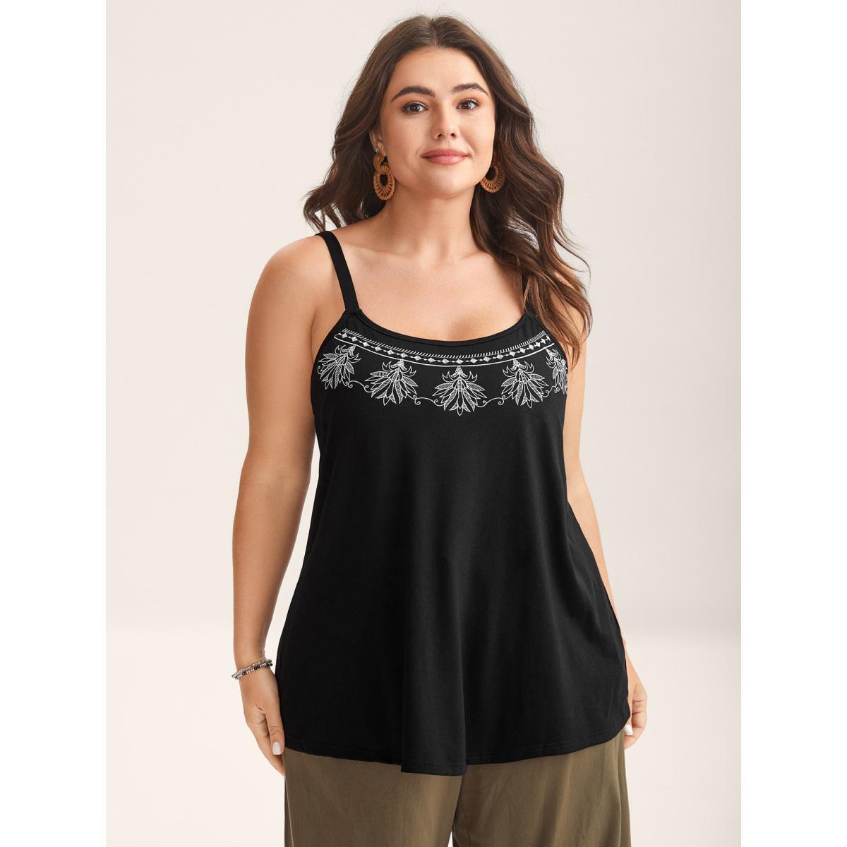 Plus Size Boho Embroidery Plain Tank Top Women Black Boho Embroidered Non Vacation Tank Tops Camis BloomChic 26/4X Product Image