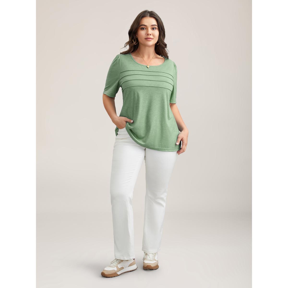 Plus Size Seamed Round Neck Fitted T-Shirt Greenbean Women Leisure Tucked seam Round Neck Casual T-shirts BloomChic 14-16/1X Product Image