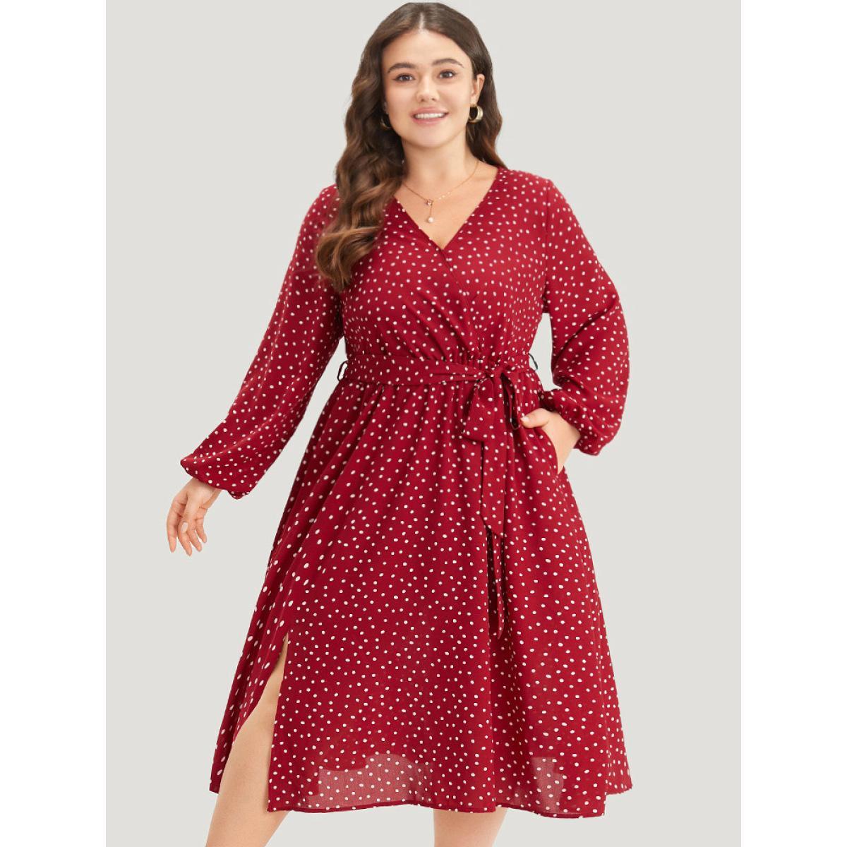 Plus Size Polka Dot Split Side Belted Lantern Sleeve Dress Scarlet Women Elegant Elastic cuffs V-neck Long Sleeve Curvy Midi Dress BloomChic 18-20/2X Product Image