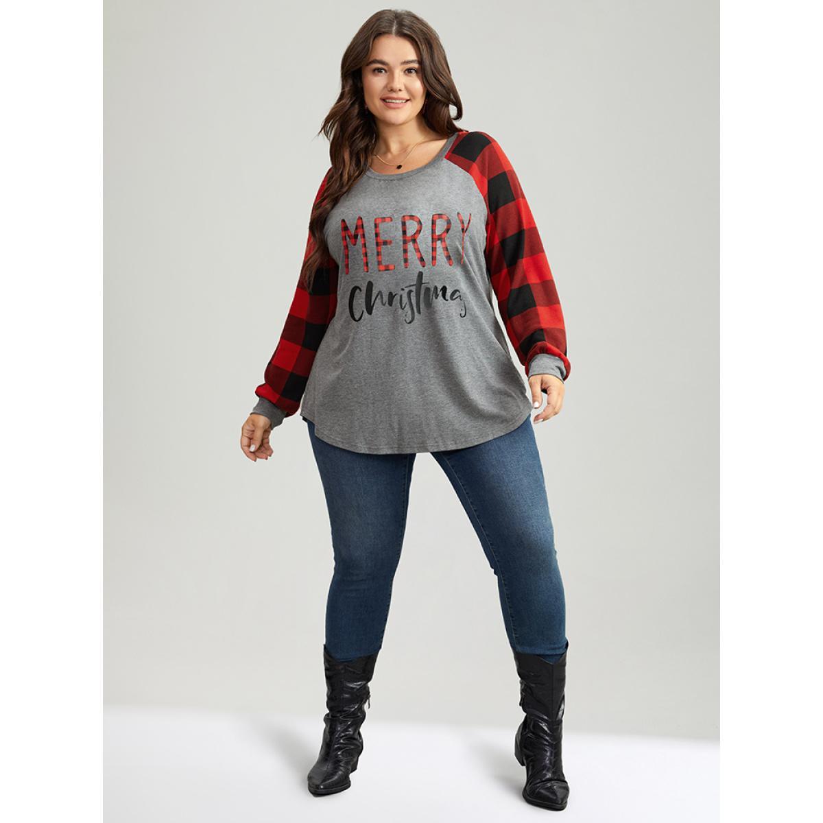 Plus Size Plaid Christmas Trees Round Neck T-shirt Multicolor Women Casual Contrast Christmas Festival-Christmas T-shirts BloomChic 14-16/1X Product Image