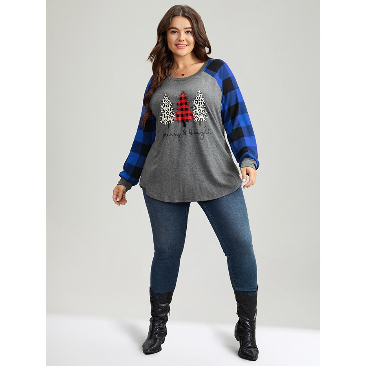 Plus Size Plaid Christmas Trees Round Neck T-shirt Blue Women Casual Contrast Christmas Festival-Christmas T-shirts BloomChic 28/5X Product Image