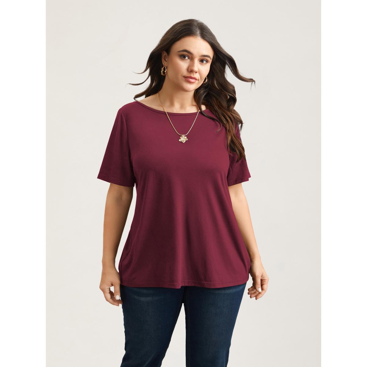 Plus Size Butterfly Back Stretchy Round Neck T-Shirt Indigo Women Leisure See through Round Neck Casual T-shirts BloomChic 12/L Product Image