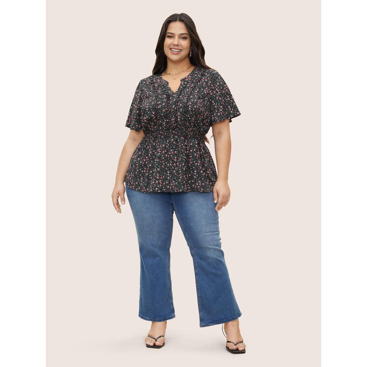 Plus Size Black Ditsy Floral Shirred Frill Trim Blouse Women Elegant Short sleeve Notched collar Everyday Blouses BloomChic 26/4X Product Image