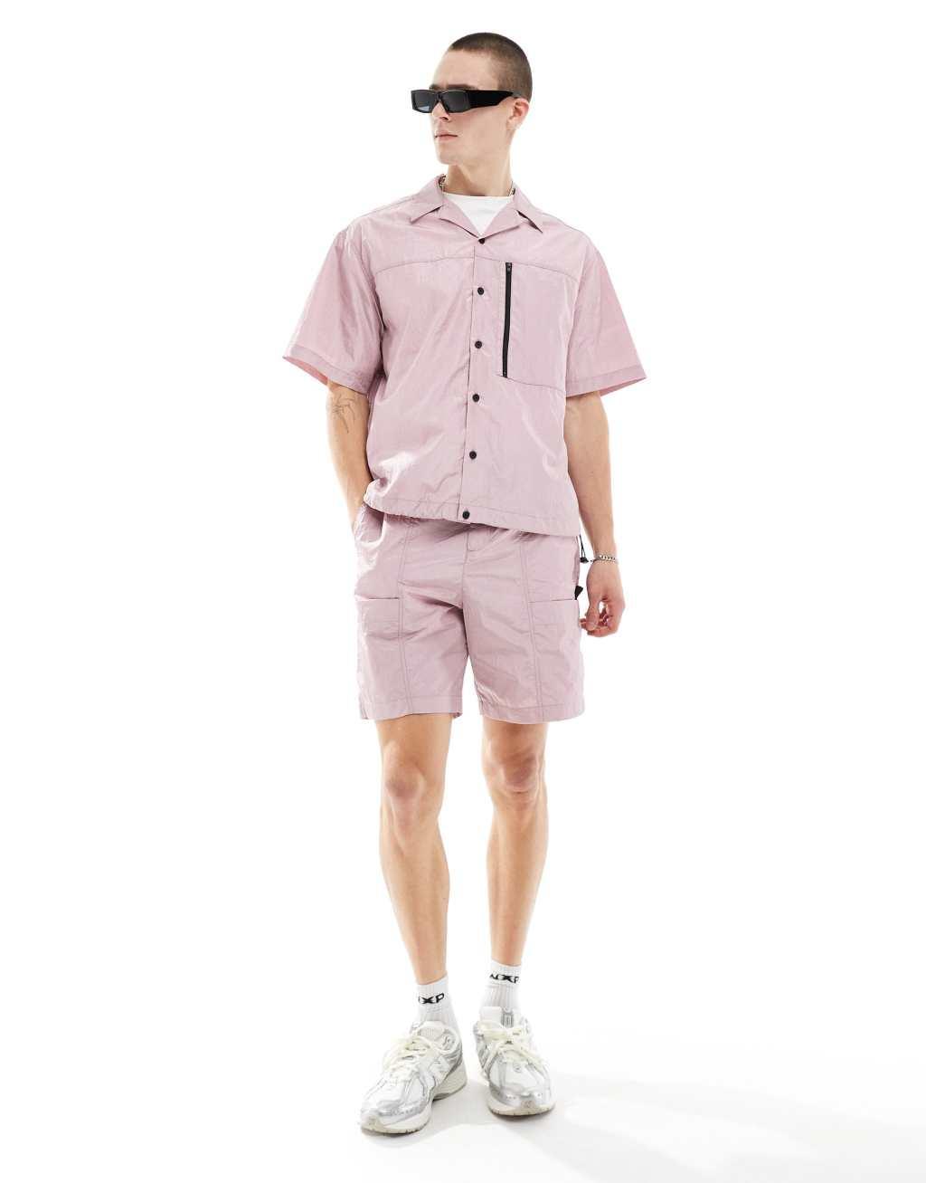 ASOS DESIGN short sleeve boxy oversized revere utility shirt in dusty pink - part of a set Product Image