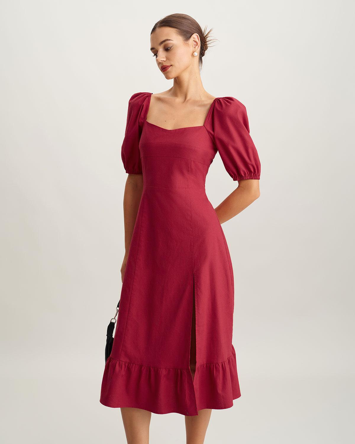 Red Square Neck Shirred Midi Dress Product Image