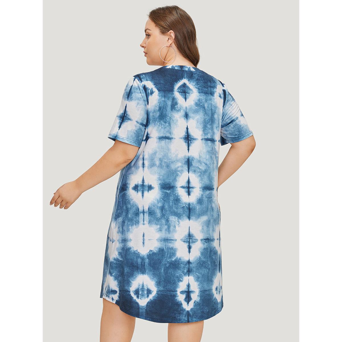 Plus Size Tie Dye Pocket Ruffle Hem Crew Neck Dress Blue Women Casual Printed Round Neck Short sleeve Curvy Midi Dress BloomChic 22-24/3X Product Image