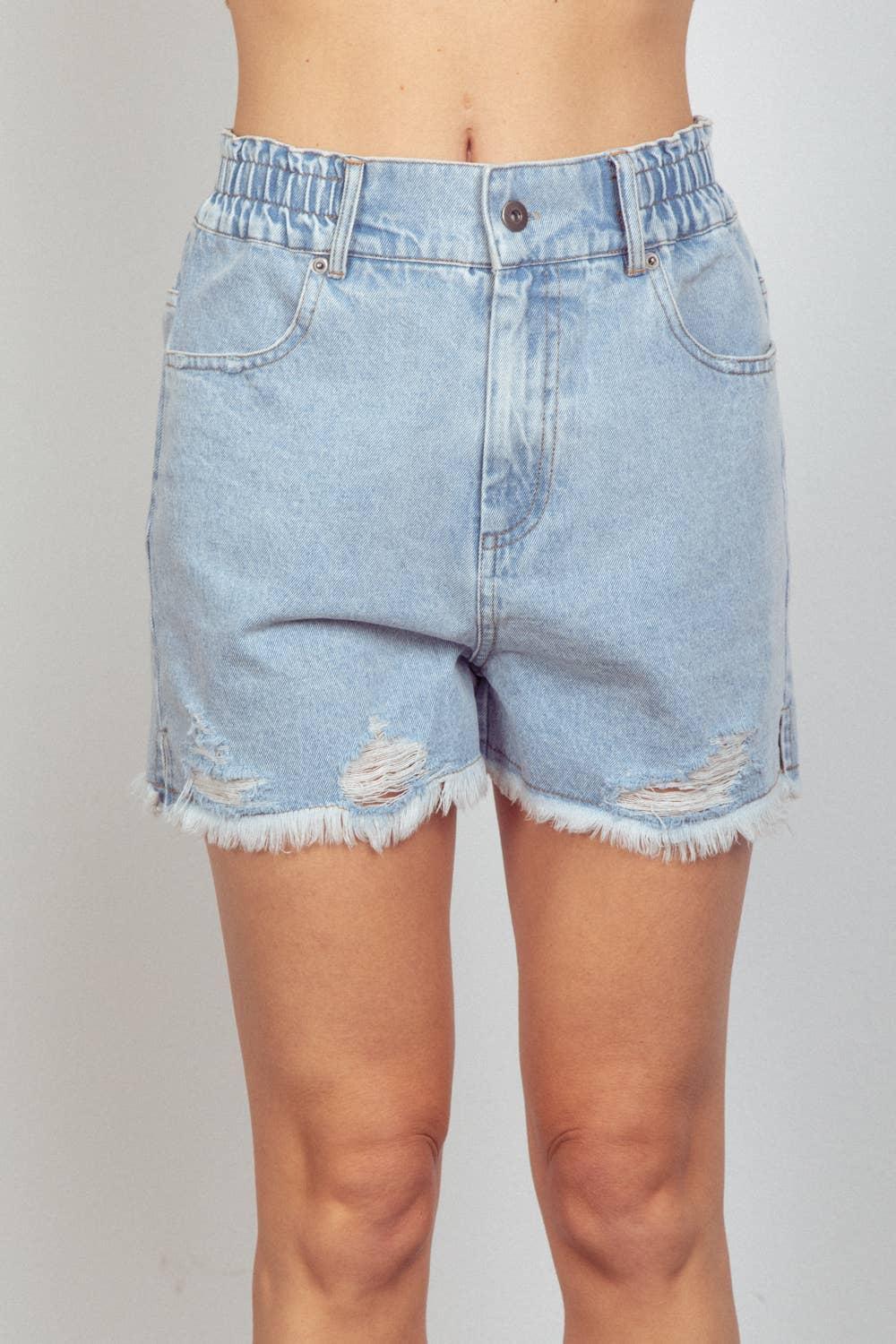 Elastic High Waist Distressed Washed Denim Shorts Product Image