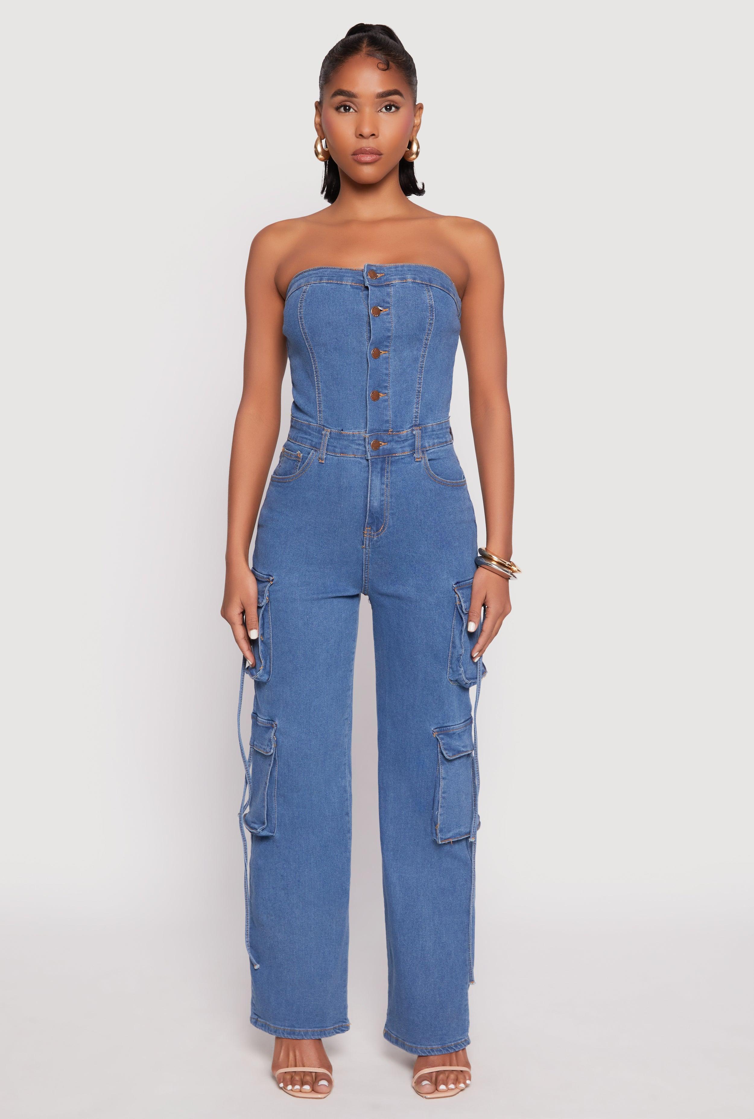 Womens Daisy Denim Button Front Cargo Jumpsuit Product Image