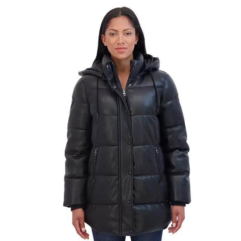 Women's Sebby Collection Faux Leather Puffer Jacket, Size: Medium, Black Product Image