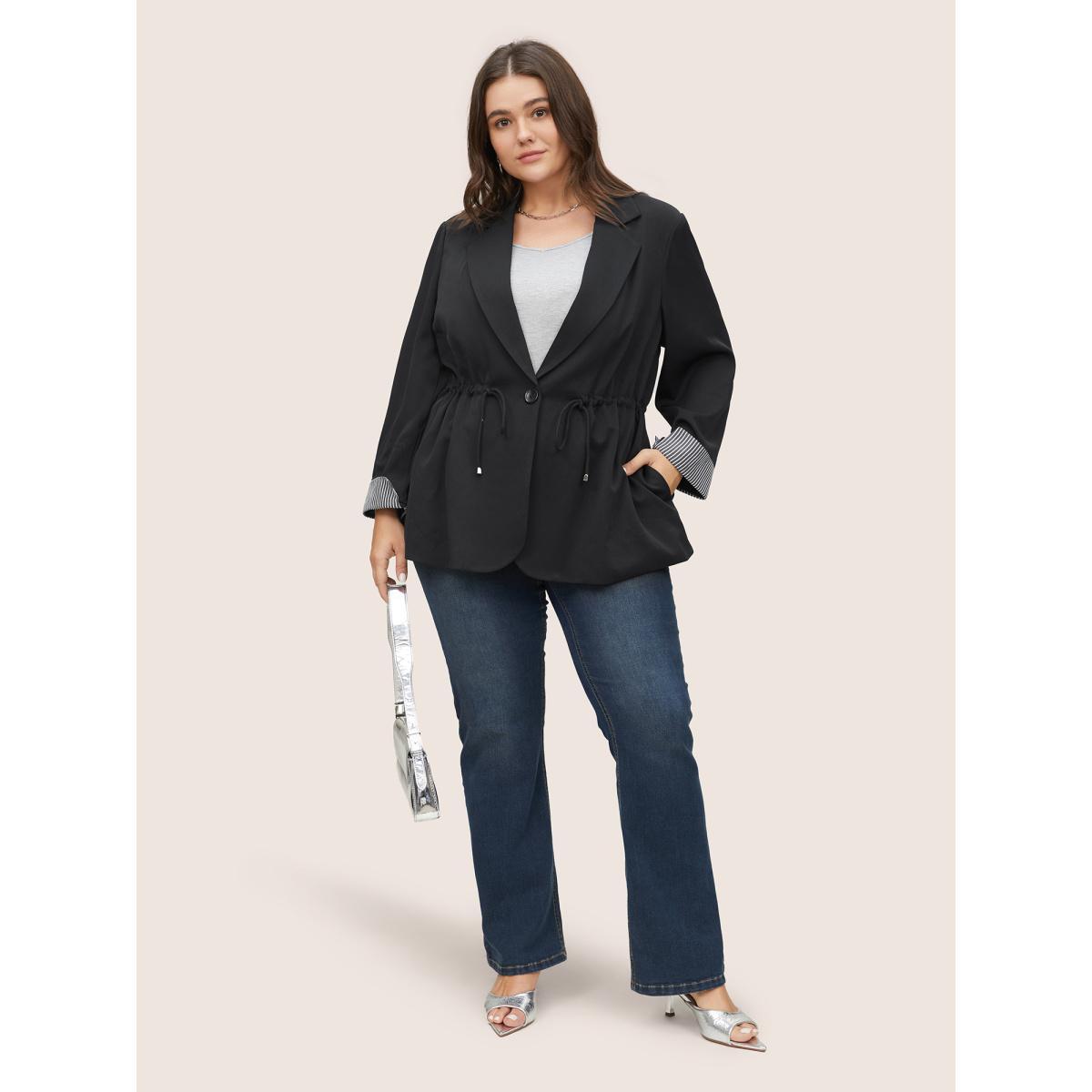 Plus Size Striped Patchwork Drawstring Suit Collar Blazer Black Women Office Striped Non Sleeve Long Sleeve Suit Collar 10/M Slanted pocket At the Office Blazers BloomChic Product Image