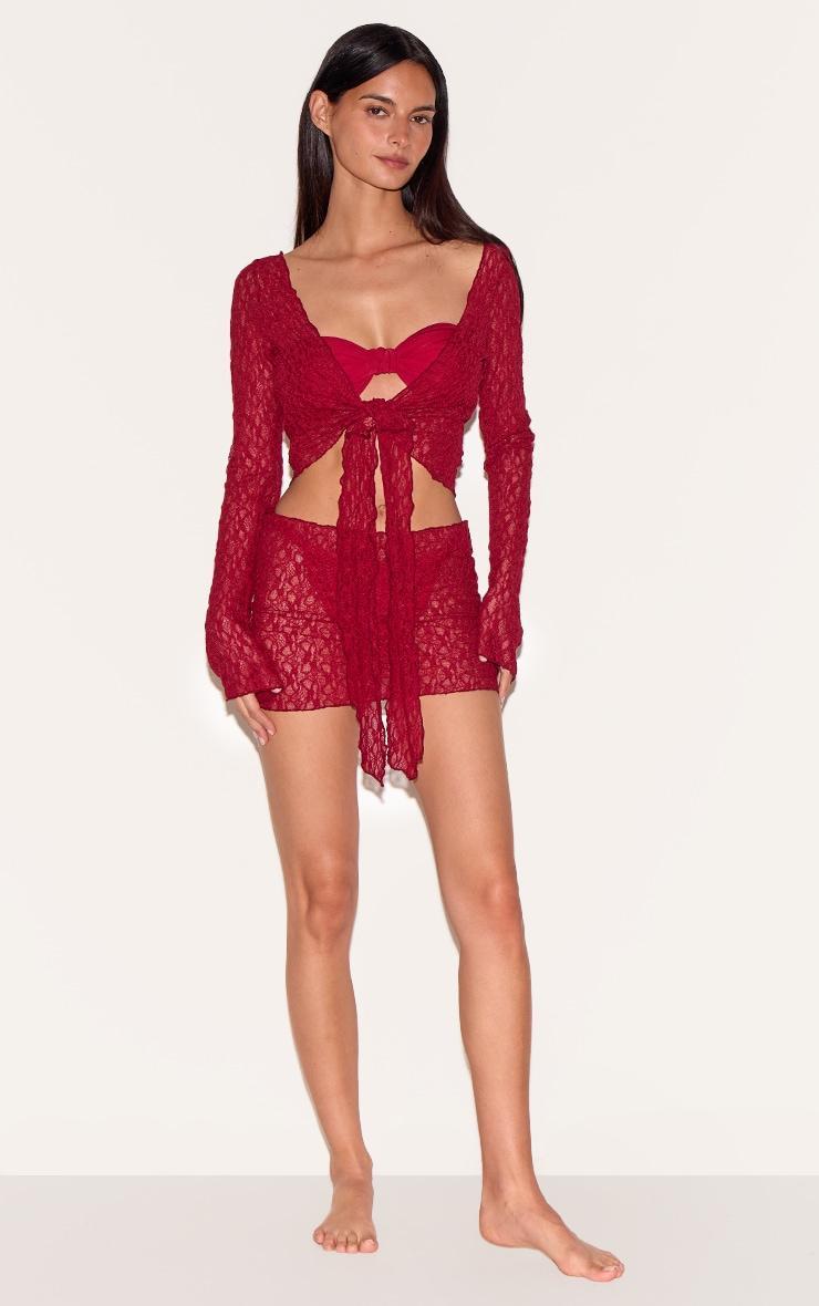 Berry Red Lace Tie Front Beach Top Product Image