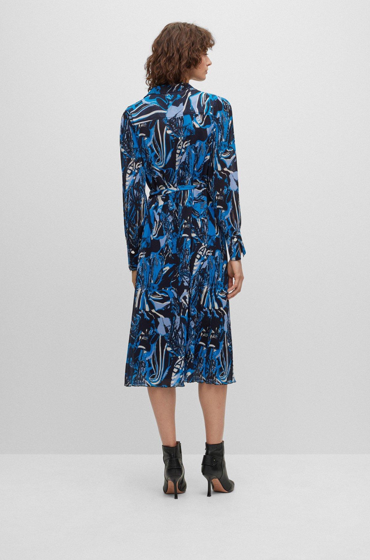 Seasonal-print dress with belt and V neckline Product Image