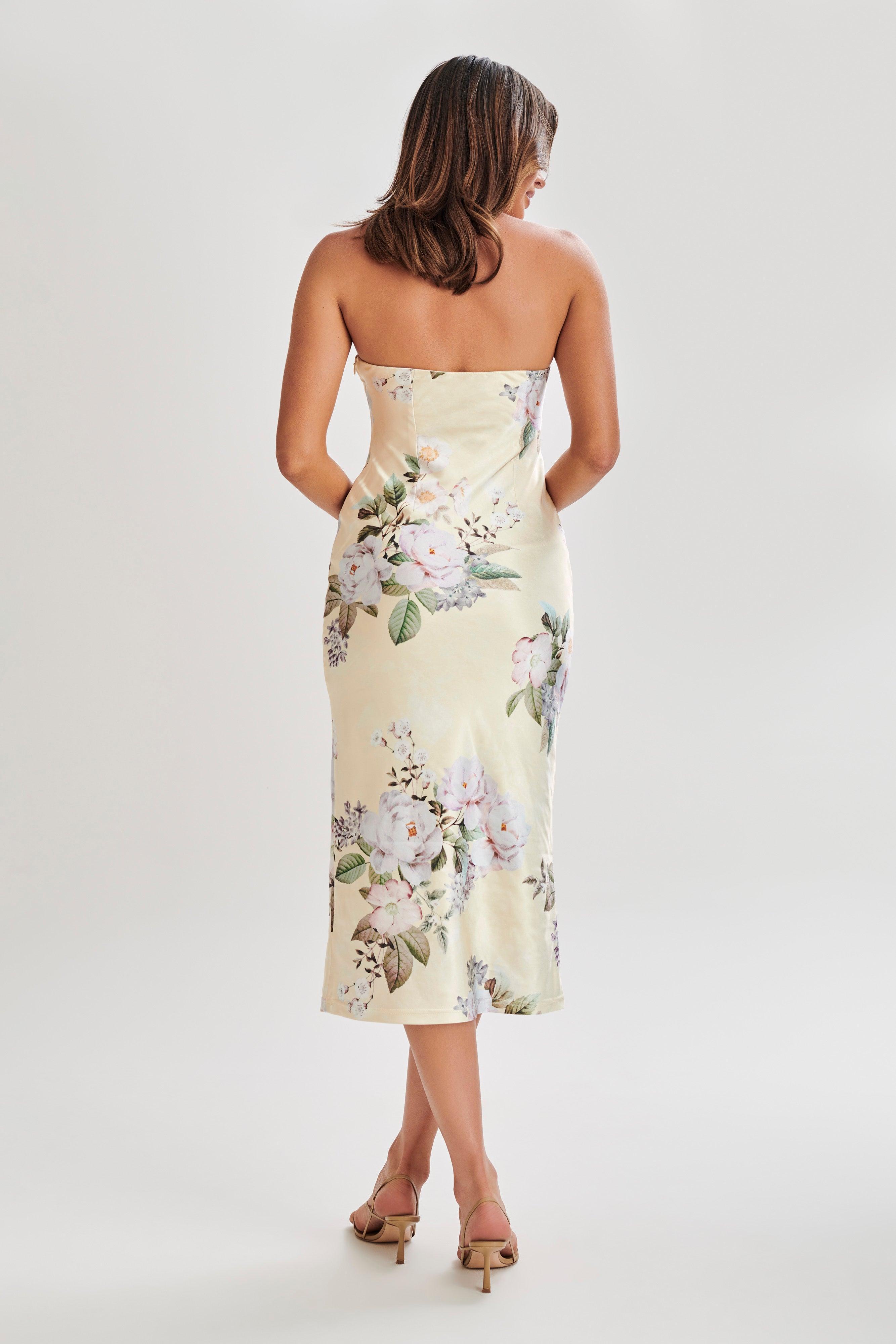 Tyler Strapless Satin Midi Dress - Lemon Floral Print Product Image