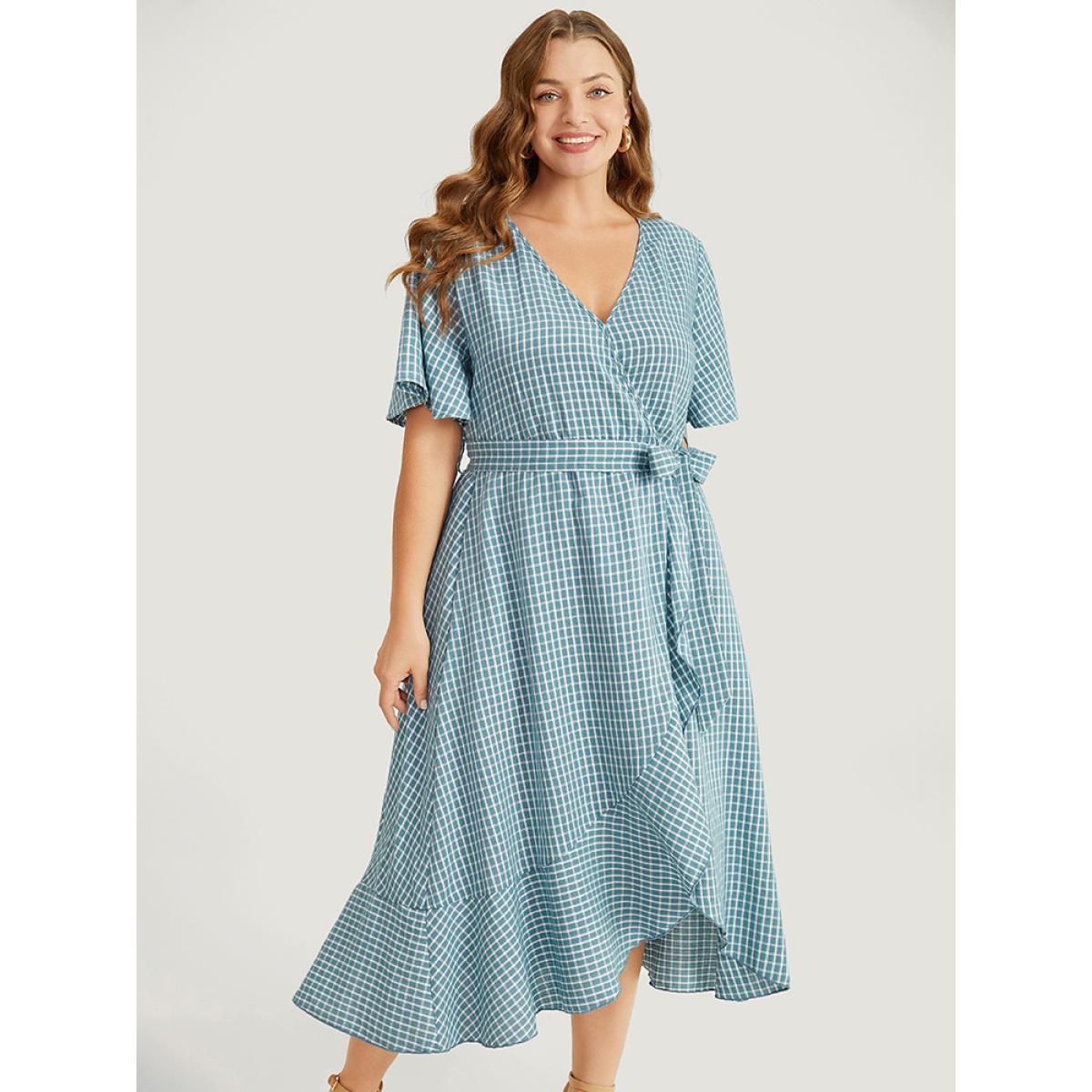 Plus Size Gingham Pocket Belted Ruffle Trim Surplice Neck Dress Cerulean Women Office Wrap V-neck Short sleeve Curvy Midi Dress BloomChic 30/6X Product Image