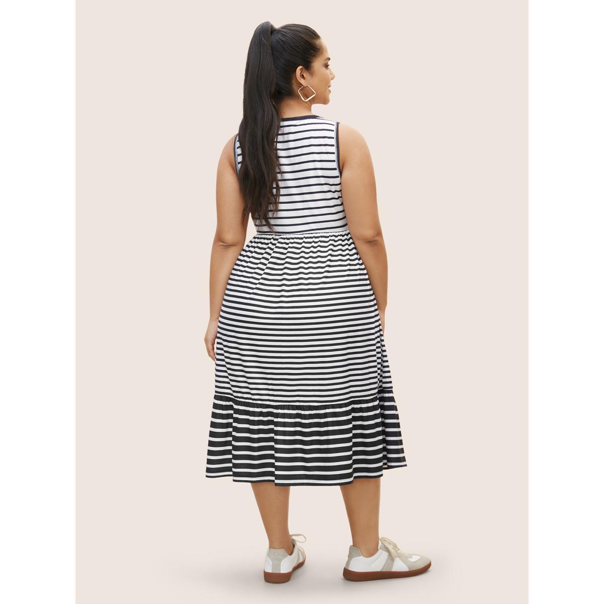 Plus Size Striped Ruffle Layered Hem Tank Midi Dress Black Women Casual Patchwork Square Neck Sleeveless Curvy BloomChic 14-16/1X Product Image