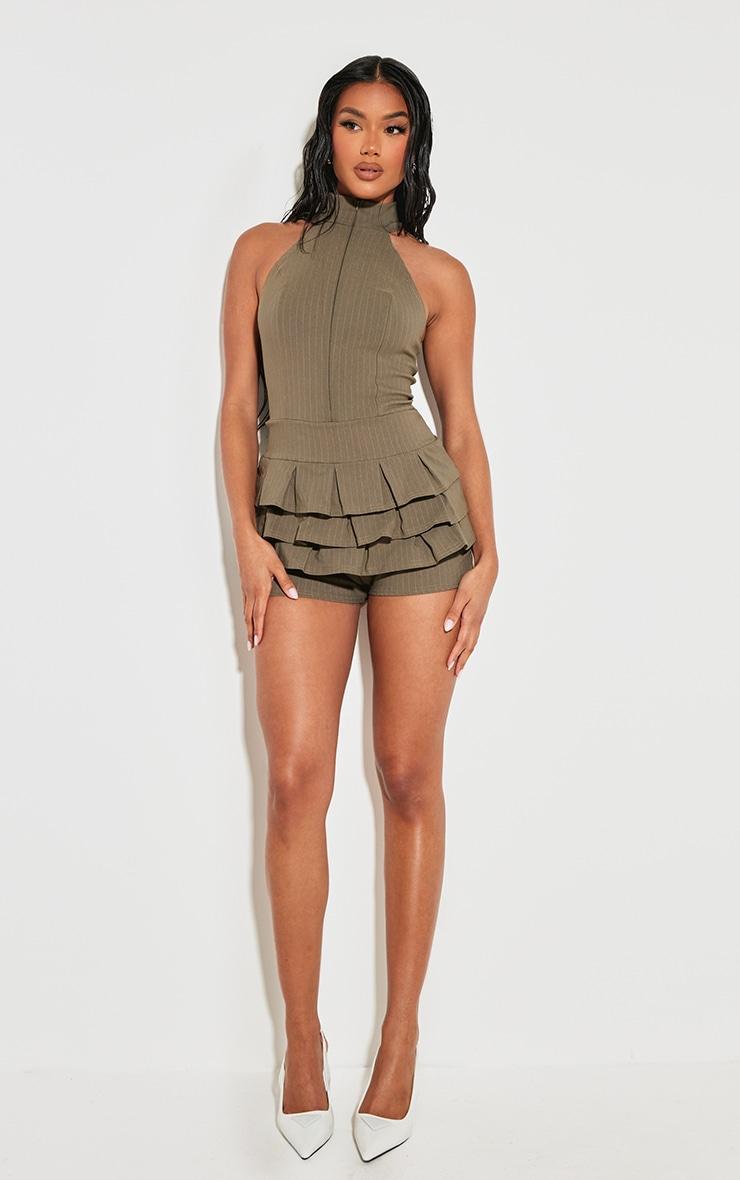  Khaki Stretch Woven High Neck Rara Skort Romper Product Image