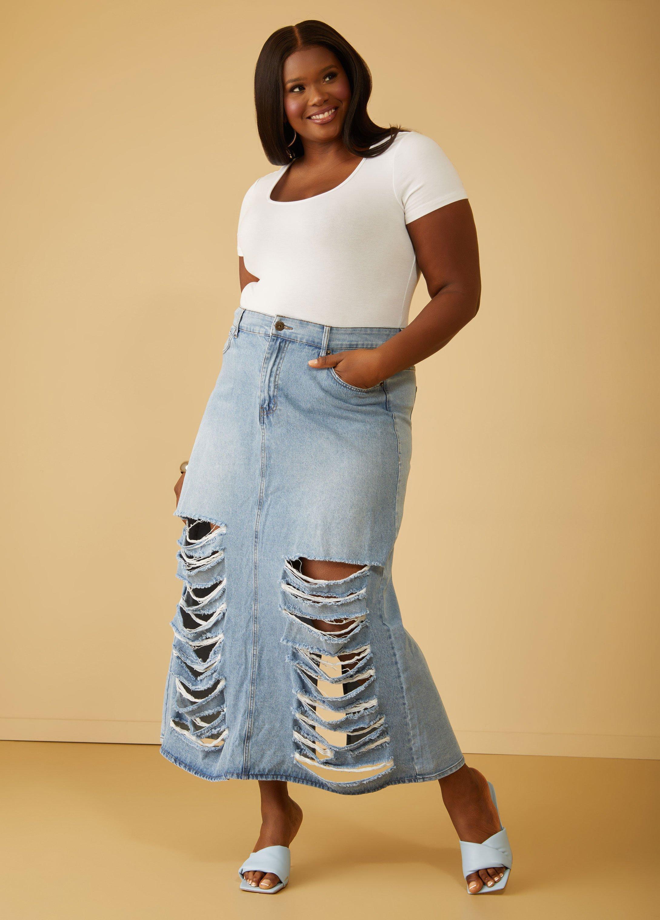 Distressed Cutout Denim Maxi Skirt Product Image