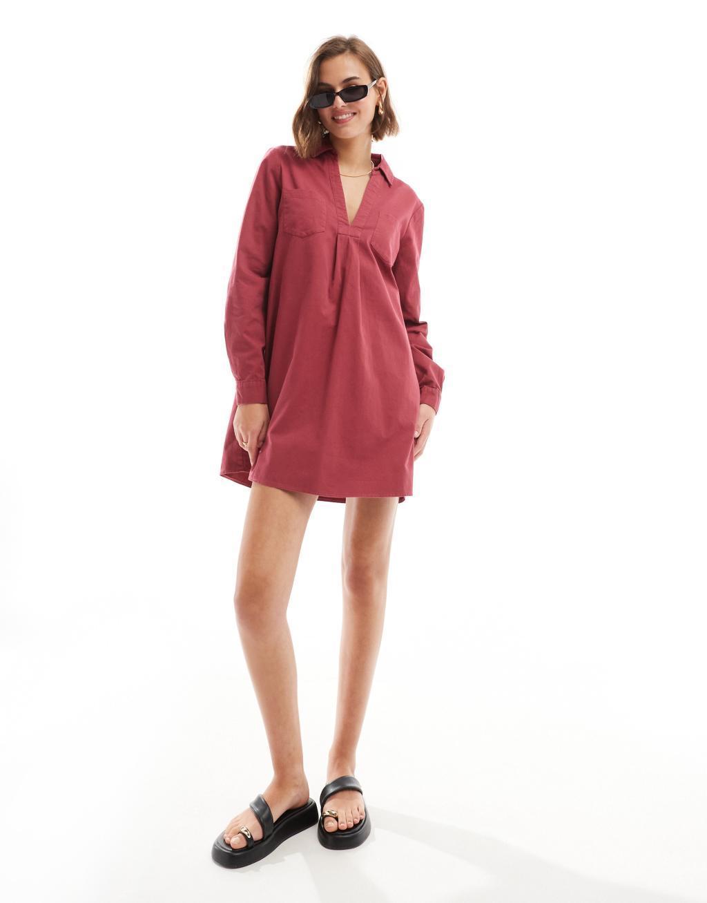 ASOS DESIGN cotton twill pocket shift mini dress with raw hem in raspberry red  Product Image