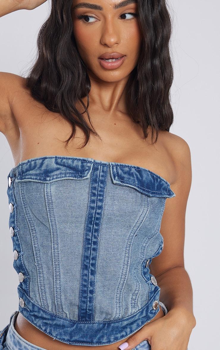 Petite Mid Blue Wash Denim Corset Top With Button Detailing Product Image