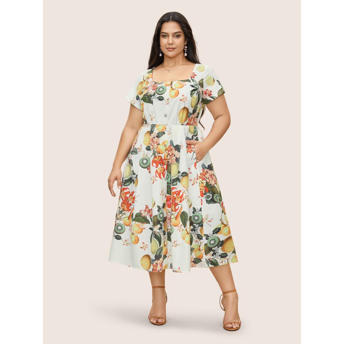 Plus Size Citrus Square Neck Fruit Print Button Detail Dress Multicolor Women Elegant Button Square Neck Short sleeve Curvy Midi Dress BloomChic 26/4X Product Image