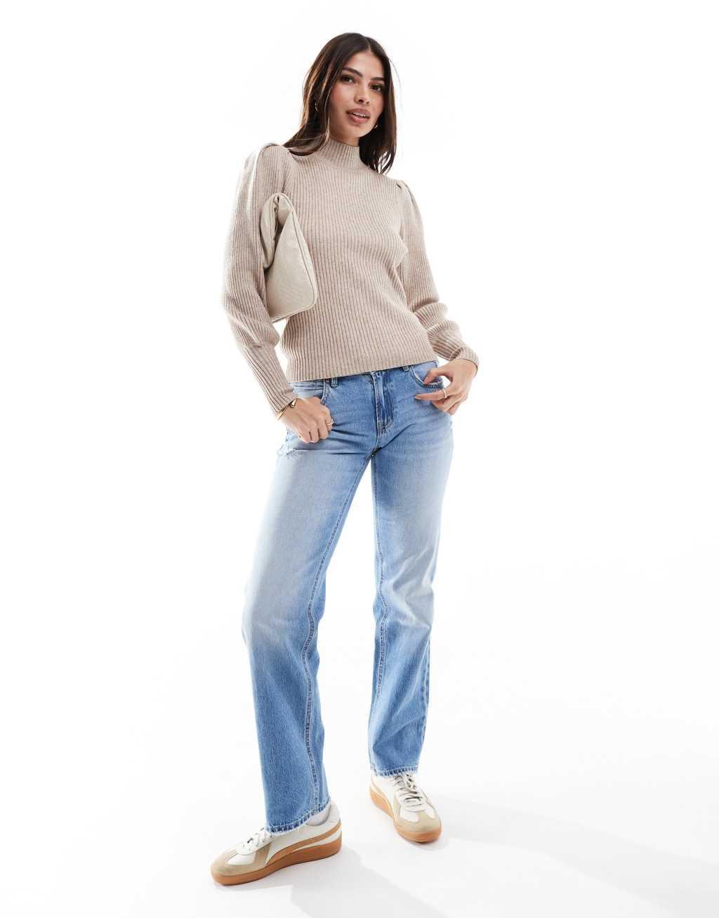 ONLY high neck puff sleeves sweater in light beige  Product Image