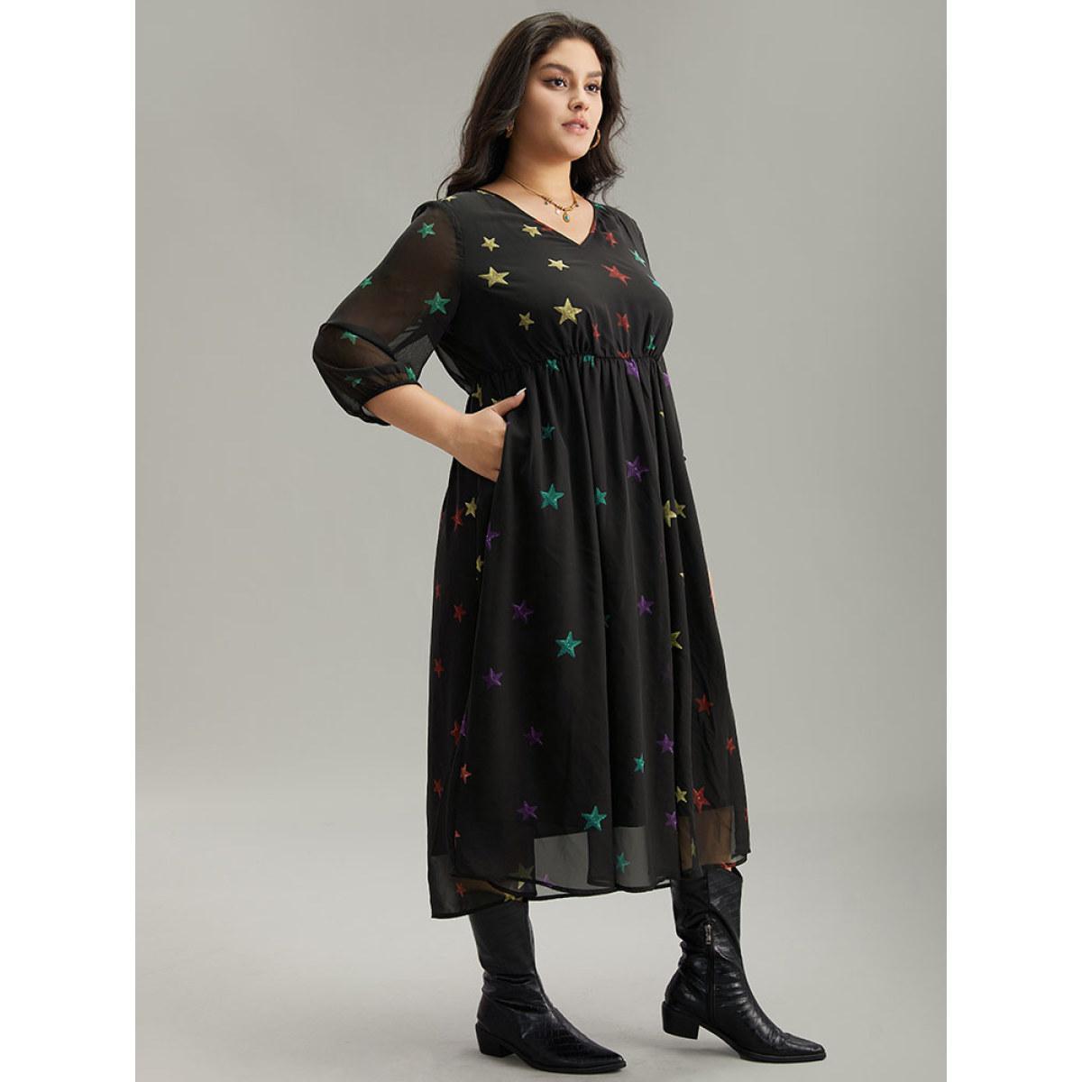 Plus Size Star Mesh Patchwork Elastic Waist Dress Black Women Casual Elastic cuffs V-neck Elbow-length sleeve Curvy Midi Dress BloomChic 28/5X Product Image