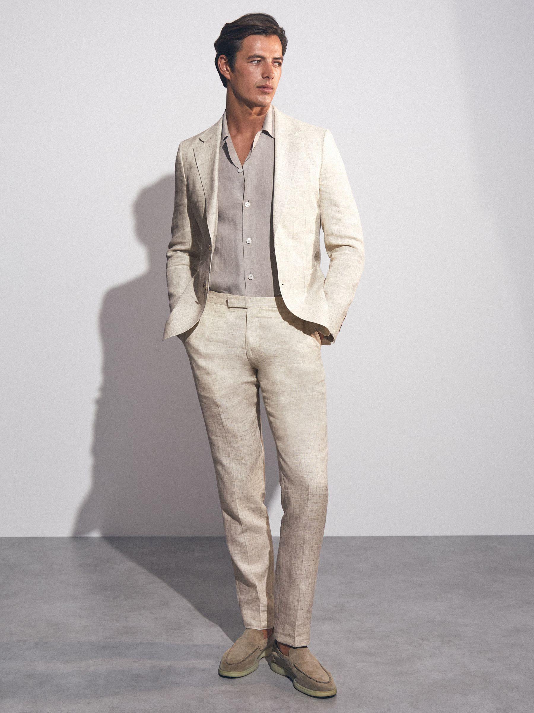 Slim Fit Linen Single Breasted Check Suit Blazer in Oatmeal Product Image