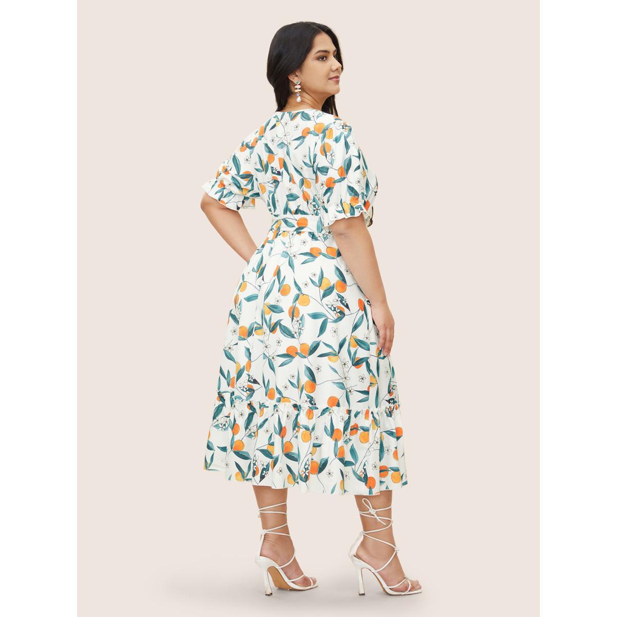 Plus Size Citrus Orange Print Overlap Collar Frill Trim Split Hem Dress Multicolor Women Elegant Overlapping Overlap Collar Half Sleeve Curvy Midi Dress BloomChic 18-20/2X Product Image