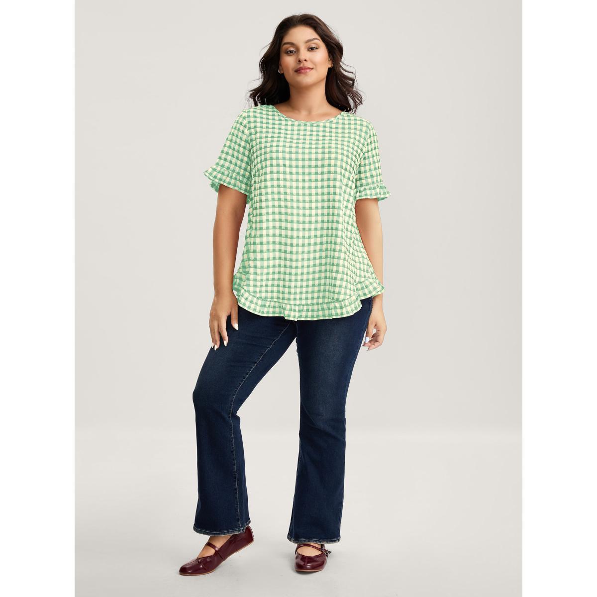 Plus Size Malachitegreen Gingham Print Button Back Blouse Women Short sleeve Round Neck Everyday-Casual Blouses BloomChic 28/5X Product Image