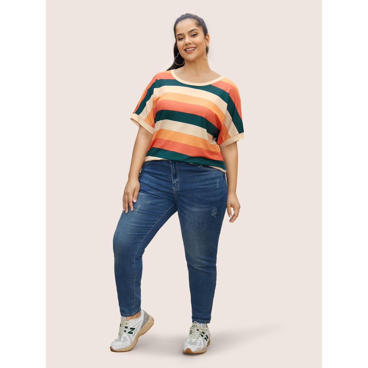 Plus Size Colored Striped Crew Neck Batwing Sleeve T-shirt Multicolor Women Casual Contrast Round Neck Everyday T-shirts BloomChic 28/5X Product Image