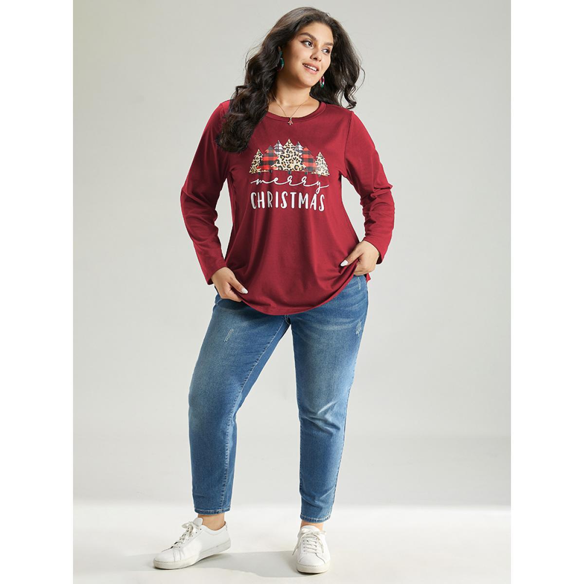 Plus Size Christmas Trees Letter Print Round Neck T-shirt Raspberry Women Casual Printed Christmas Festival-Christmas T-shirts BloomChic 18-20/2X Product Image