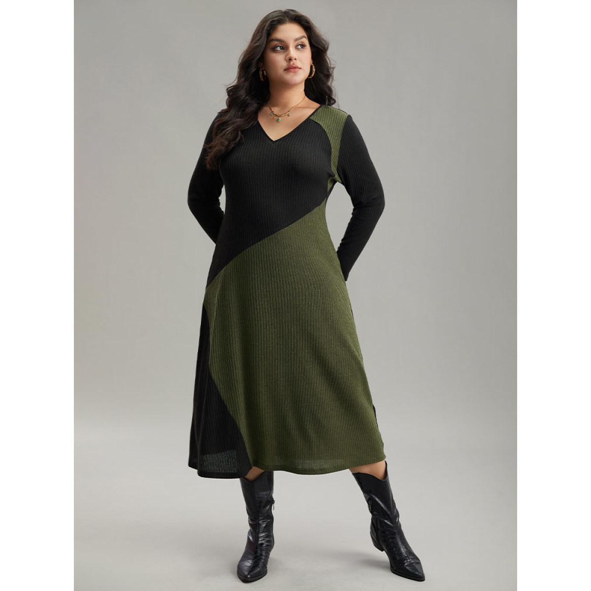 Plus Size Two Tone Patchwork V Neck Dress Multicolor Women Casual Patchwork V-neck Long Sleeve Curvy Midi Dress BloomChic 18-20/2X Product Image