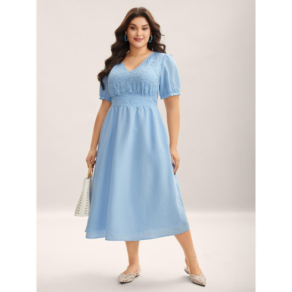 Plus Size V Neck Textured Lace Midi Dress LightBlue Women V-neck Short sleeve Curvy BloomChic 14-16/1X Product Image
