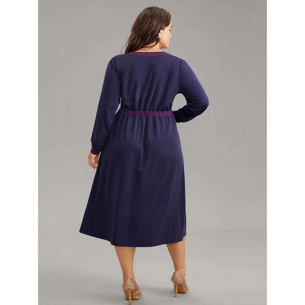 Plus Size Contrast Notched Gathered Elastic Waist Dress DarkBlue Women At the Office Contrast Notched collar Long Sleeve Curvy Midi Dress BloomChic 10/M Product Image
