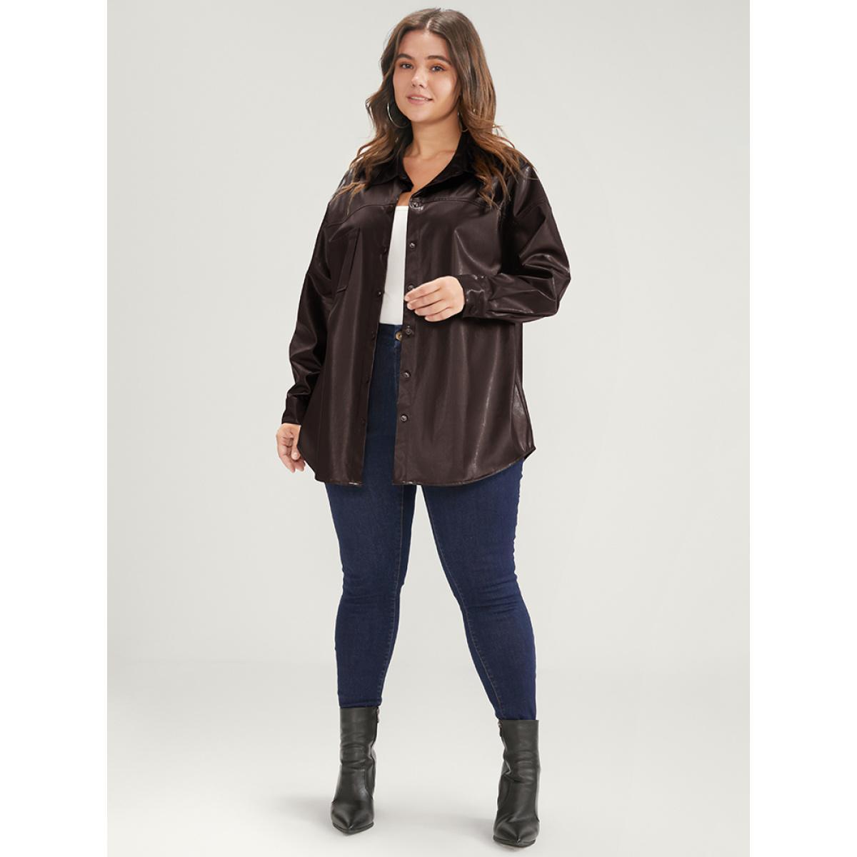 Plus Size PU Leather Pocket Button Up Coat Women DarkBrown Casual Button Ladies Dailywear Winter Coats BloomChic 14-16/1X Product Image
