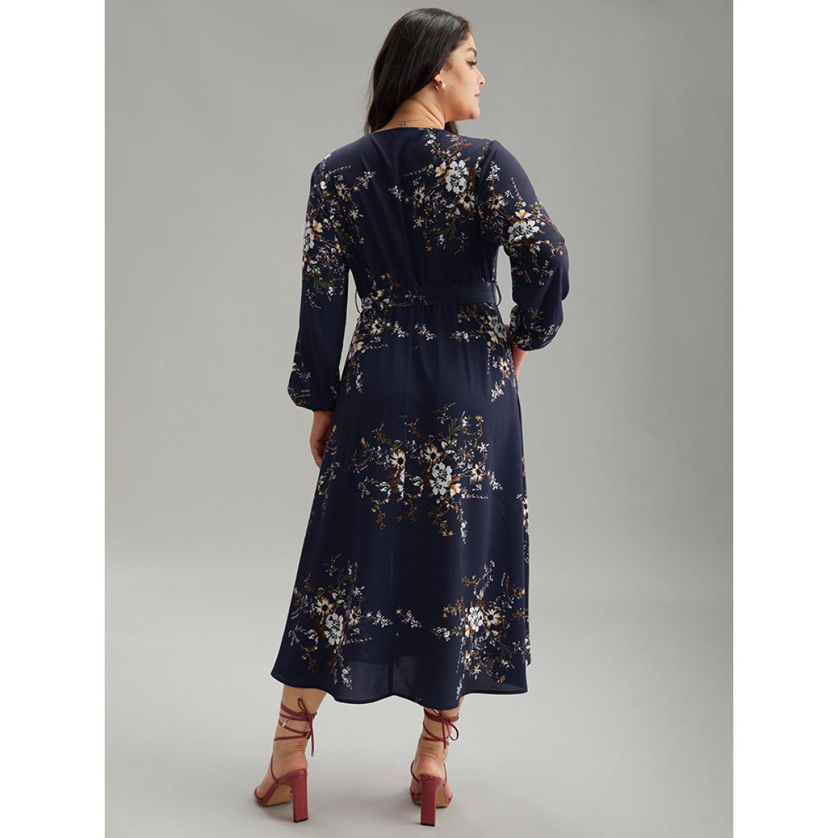 Plus Size Floral Print Belted Split Surplice Neck Dress DarkBlue Women Elegant Elastic cuffs Overlap Collar Long Sleeve Curvy Midi Dress BloomChic 28/5X Product Image