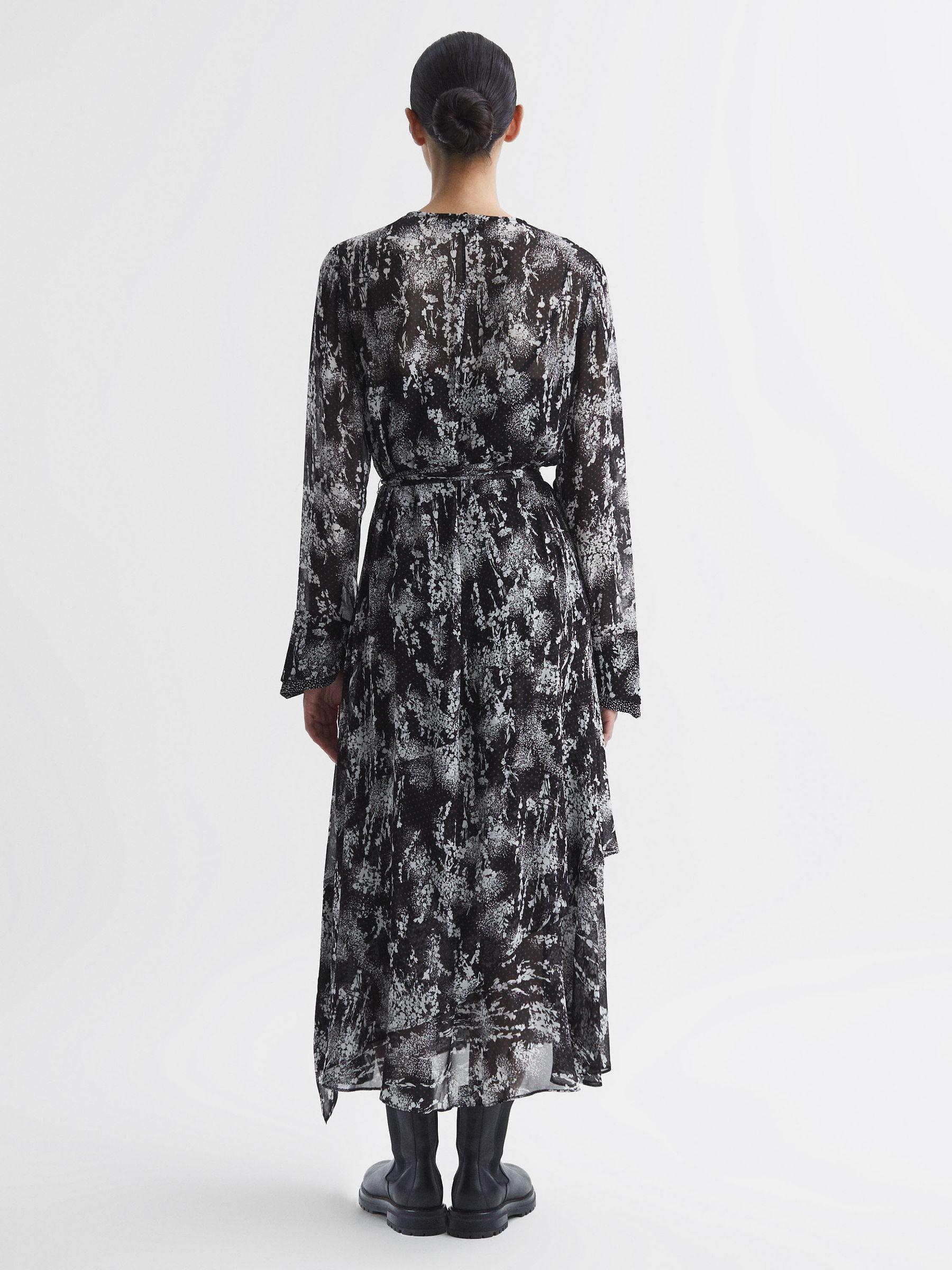 Belted Ruffle Printed Midi Dress in Black Product Image