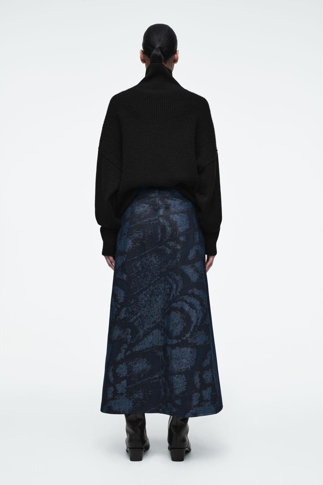 JACQUARD DENIM A-LINE MIDI SKIRT Product Image