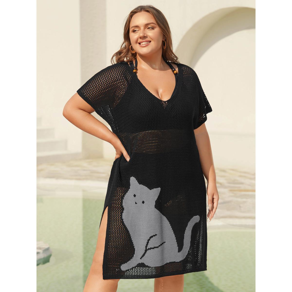 Plus Size Cut-Out Sheer Cat Pattern Swim Cover-Up Women's Swimwear Black Beach Loose Contrast Curve Swim Cover Ups BloomChic 14-16/1X Product Image