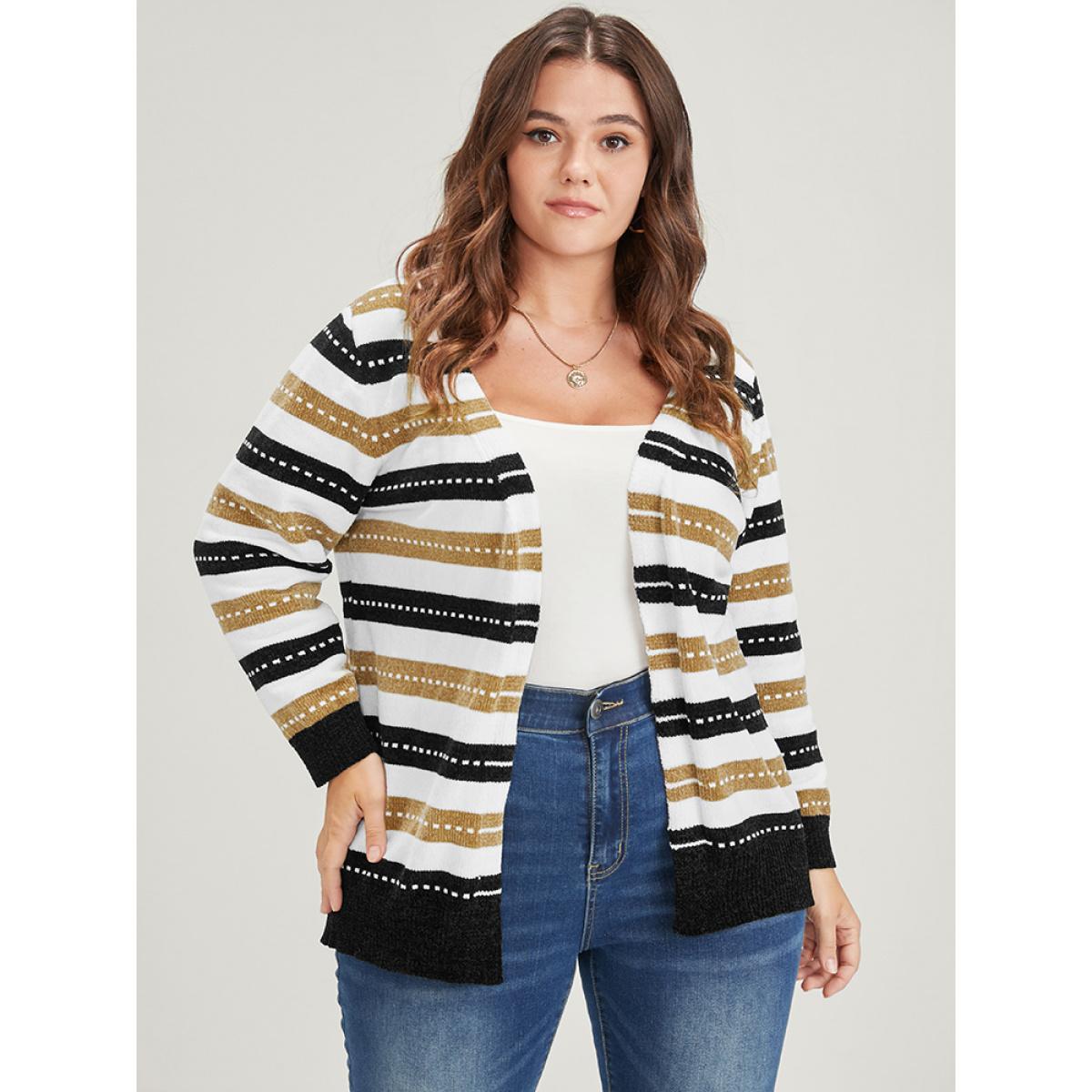 Plus Size Striped Contrast Pointelle Knit Jacquard Open Front Cardigan Multicolor Women Casual Long Sleeve Dailywear Cardigans BloomChic 18-20/2X Product Image