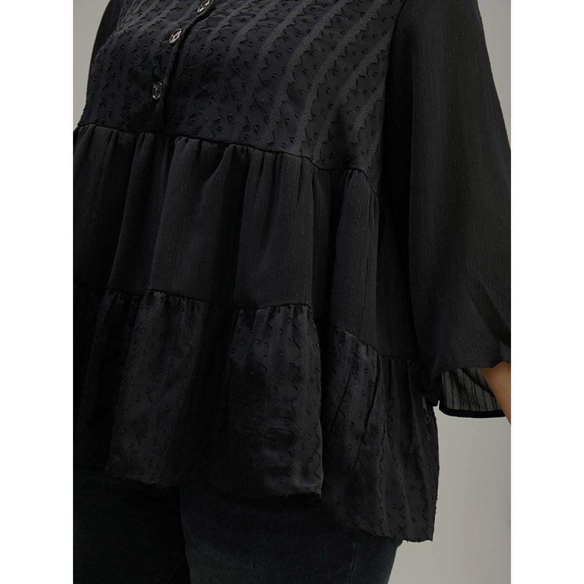 Plus Size Black Plain Textured V Neck Elastic Waist Ruffle Hem Blouse Women Elegant Elbow-length sleeve V-neck Dailywear Blouses BloomChic 10/M Product Image