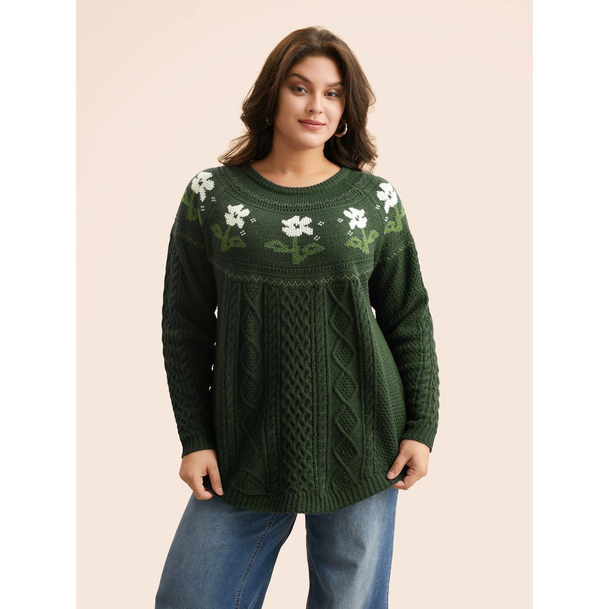 Plus Size Floral Jacquard Raglan Sleeve Pullover DarkGreen Women Casual Long Sleeve Round Neck Everyday Pullovers BloomChic 22-24/3X Product Image