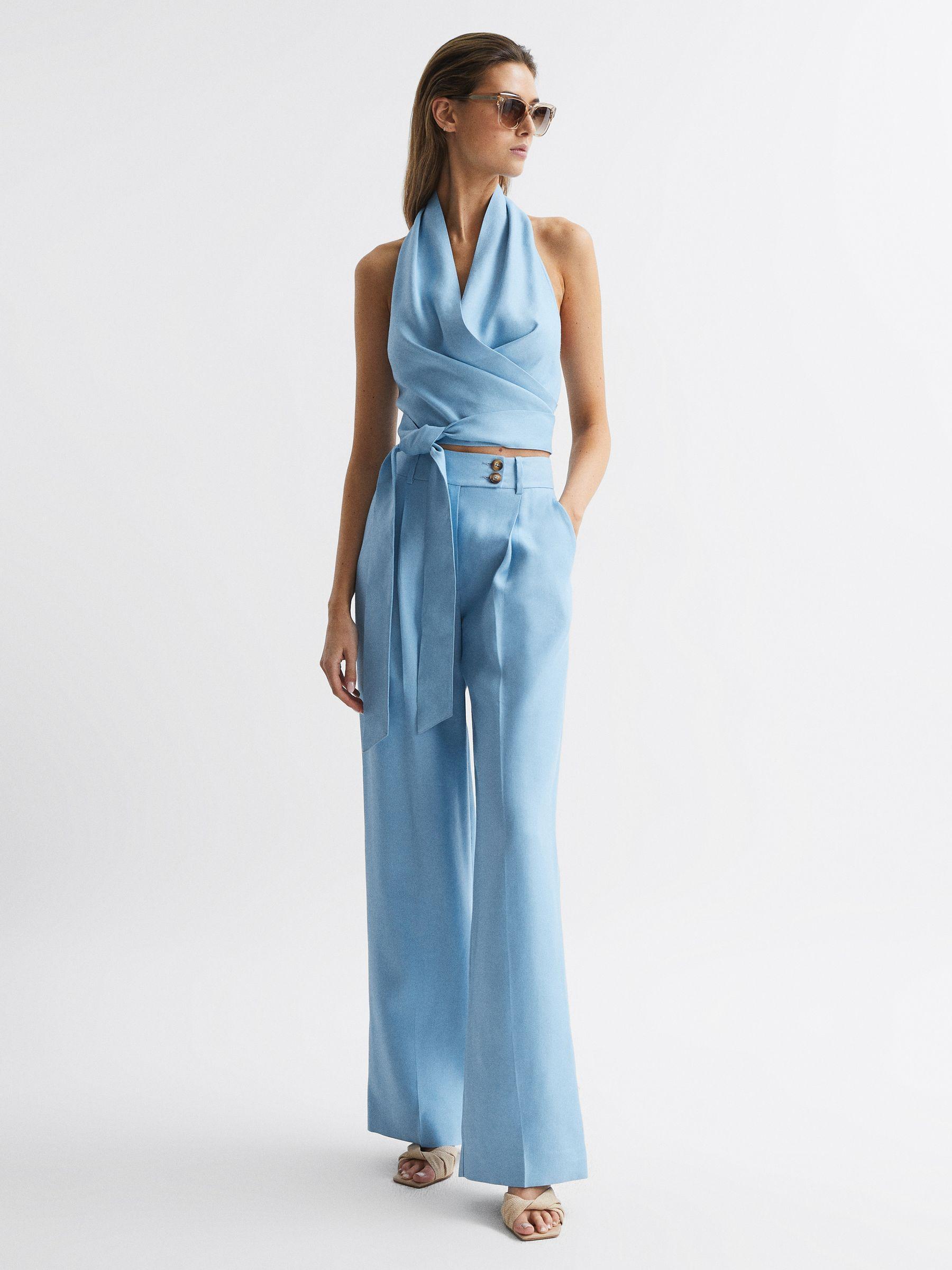 Halter Neck Linen Blend Crop Top in Blue Product Image