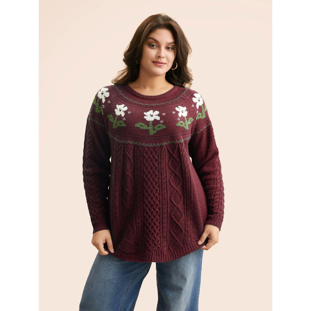 Plus Size Floral Jacquard Raglan Sleeve Pullover Deepred Women Leisure Long Sleeve Round Neck Casual Pullovers BloomChic 12/L Product Image