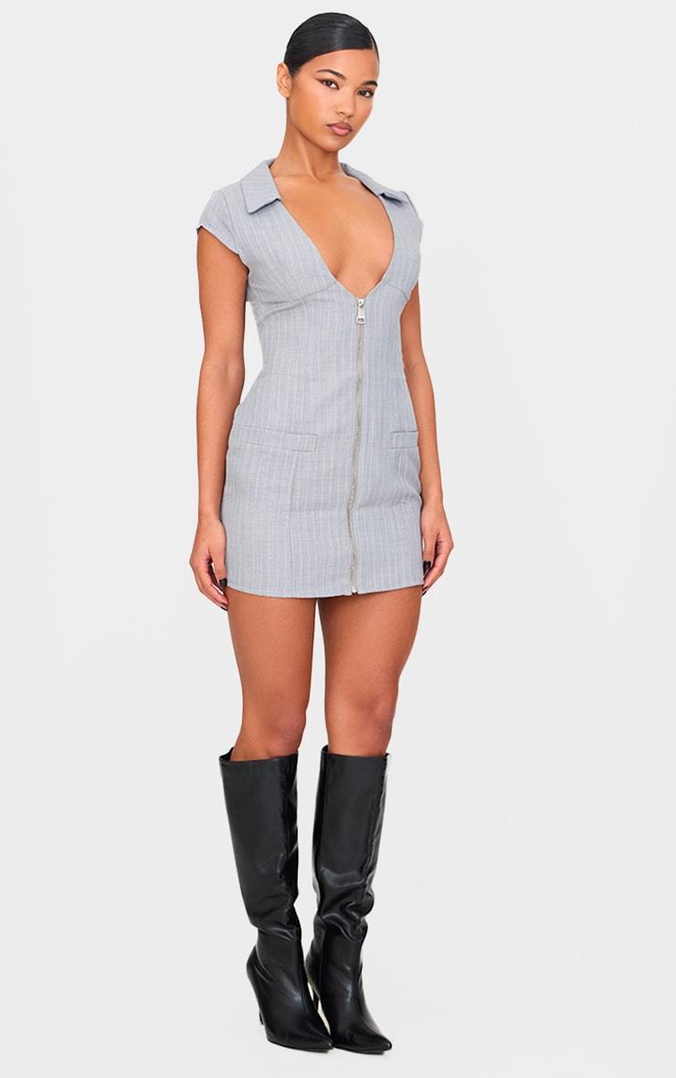 Grey Pinstripe Pocket Detail Zip Up Mini Dress Product Image