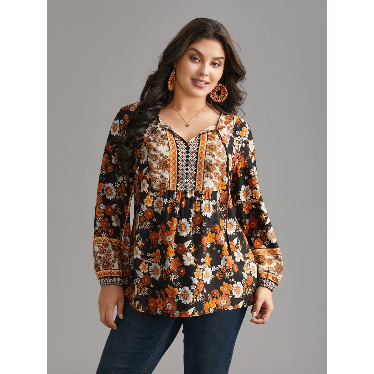 Plus Size Black Boho Print Tie Knot Lantern Sleeve Blouse Women Resort Long Sleeve Notched collar Vacation Blouses BloomChic 28/5X Product Image