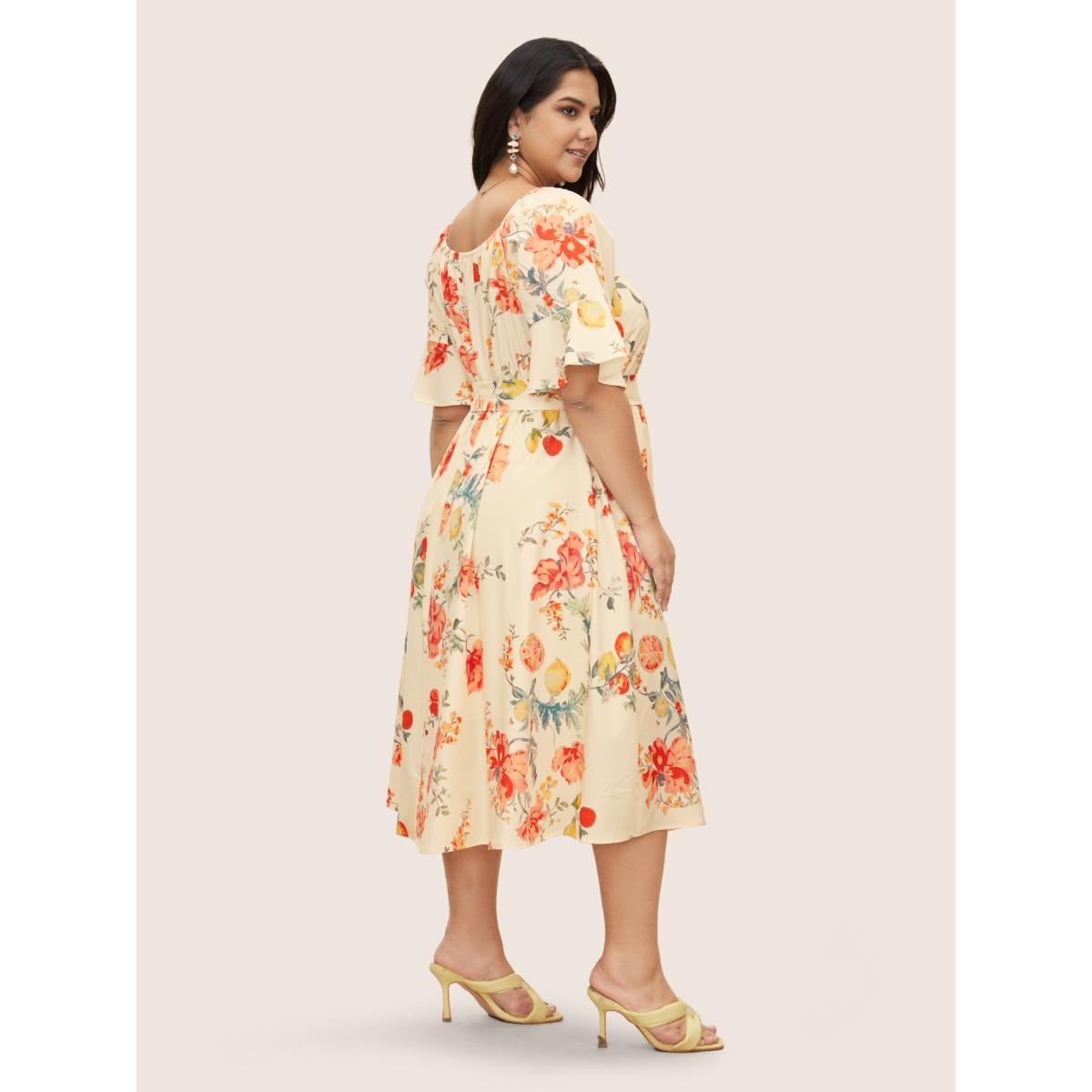 Plus Size Citrus Orange Print Square Neck Ruffles Gathered Dress Apricot Women Elegant Gathered Square Neck Half Sleeve Curvy Midi Dress BloomChic 12/L Product Image